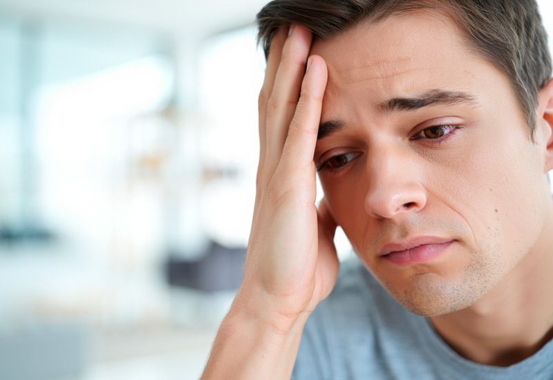 Молодой мужчина в серой футболке держит ладонь у лба